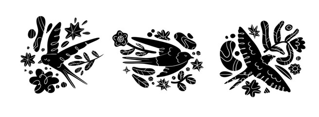 Set of 3 flying birds with different elements. Hand drawn modern isolated Vector illustration. Icon, logo template.Contemporary trendy Vector illustration. Set of blue icons. All elements are isolated