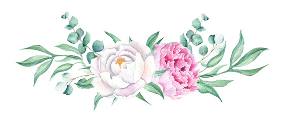 Watercolor garland peony bouquet isolated on white background. White and pink peonies, eucalyptus. Hand drawn botanical illustration. Can be used for wedding, birthday, greeting cards design.