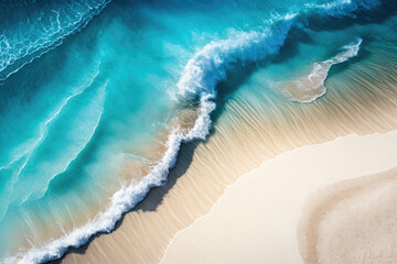 sea waves pounding on a sandy beach. aerial view. Generative AI - obrazy, fototapety, plakaty