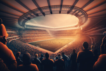 Modern football stadium with a packed crowd and vibrant atmosphere, generative ai