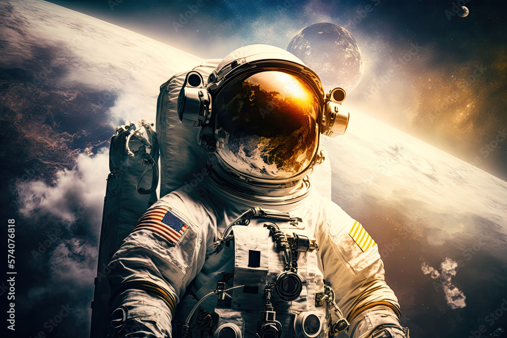 Poster an astronaut is standing on a foreign planet and behind him is another planet in the background. gen