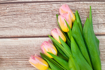 Tulips on wooden background. Pink tulips on a wooden background with a place for text. International Women's Day, March 8, Mother's Day, Valentine's Day. Copy space. Womens day.
