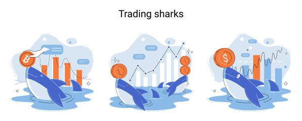 Fototapeta na wymiar Shark emerges from water and holds gold coins on its nose. Trading hamsters and whale metaphor set. Fake data for business valuation. Inexperienced investor, bad investment, experienced traders