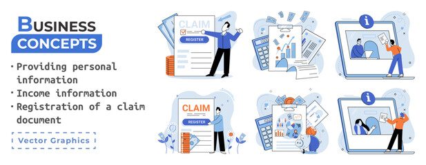 Registration of claim form register document, providing personal information, income information vector set. Employer form, earnings statement documents. Tax, financial and accounting reporting