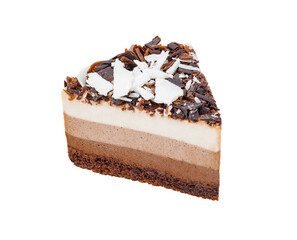 Three chocolate cake, puff meringue of light milk and dark chocolate, isolated on white background with clipping path