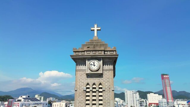 Panoramic aerial video 4K from flying drone to Nha Trang, Vietnam, the main old church for the Church of Catholic Diocese of Nha Trang. 4K Nha Trang, Vietnam.