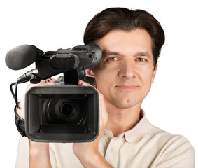 Cameraman working with camera   isolated on white