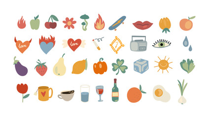summer clip art big set, collection of groove stickers, fruits, drinks, habits, cigarettes, wine, glass, skateboard, fire, radio, heart, Doodle elements, diary and notebook stickers, 