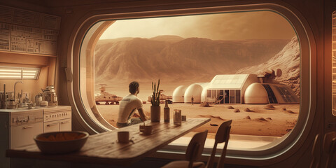 Astronaut living on Mars looking out a habitat window at an approaching dust storm by generative AI