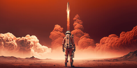 Astronaut watching liftoff from Mars by generative AI