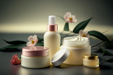 Fototapeta na wymiar Beauty set of skin care and hair care products lotion, gel, shampoo, serum, massage brushes. Generative AI