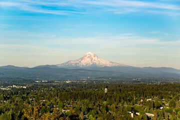 Mt. Hood and Landscape Panorama at Colorful Sunset From Rocky Butte in Portland, OR