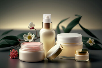 Obraz na płótnie Canvas Beauty set of skin care and hair care products lotion, gel, shampoo, serum, massage brushes. Generative AI
