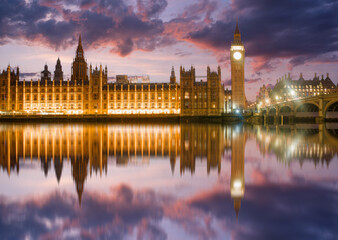 Big Ben and Houses of Parliament at dusk, London, UK. Colorful sunset