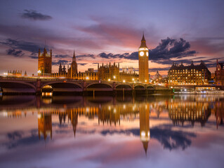 Fototapeta na wymiar Big Ben and Houses of Parliament at dusk, London, UK. Colorful sunset