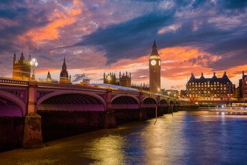 Fototapeta na wymiar Big Ben and Houses of Parliament at dusk, London, UK. Colorful sunset