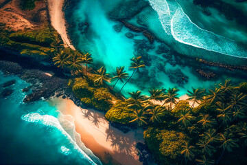 Aerial drone view of beautiful tropical island beach with palms. Vacation background. Turquoise ocean. Generative AI