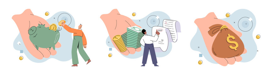 Financial plan or budget planning. Yearly expense management, deposits, tax payments. Person analyzes profit weighing earnings on scales, income and expenses money. Banking safety, profit increase