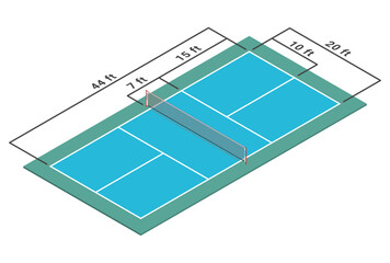 Pickleball court isometric diagram. Vector illustration without gradients. - obrazy, fototapety, plakaty