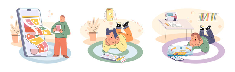 Children at home with phones and tablets set. Kids, toddlers use smart technologies lying in bed before going to sleep. Kids surfing social media, playing game, chatting by video call and use internet