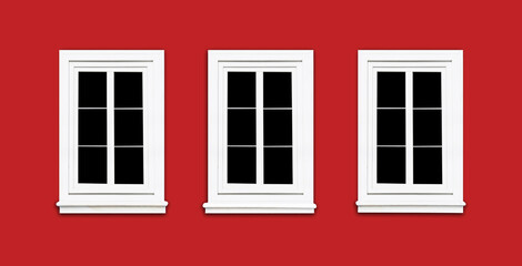 PVC Windows. Architecture background. Vibrant color red wall facade. Small town house exterior....