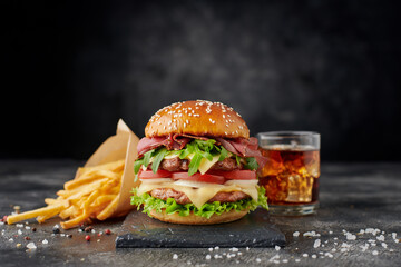 Homemade burger with french fries