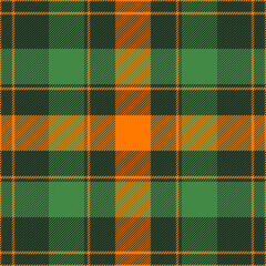 St. Patrick day tartan plaid. Scottish pattern in orange and green cage. Scottish cage. Traditional Scottish checkered background. Seamless fabric texture. Vector illustration
