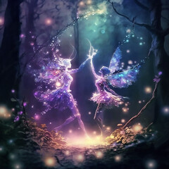 Mystical Magical Dancing Fairies Fairy in the Forest, Beautiful, Purple, Teal Dark, Light, Sparkles, Shimmer, Magic, Fantasy, Sweet, Pretty, 