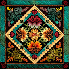 Tapa Hawaii Hawaiian Tropical Floral Tribal Quilt, Black, Teal, Orange, Red, Beautiful, Flowers, Hibiscus, Flourish, Decorative, Décor, 