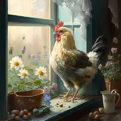 Chicken Hen Looking out County Kitchen Window, Pot of Daisies, Nature, Indoor, Outdoor, Lace Curtains, Plants, Pots, Fowl, Bird, Grandma's House, Farmhouse,