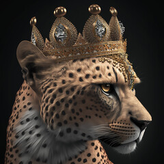 Cougar, Cheetah Leopard Prince King Wearing Ornate Golden Gold Crown, King of the Jungle, Handsome, Intense, Animal, Strong, Powerful, Feline, Serengeti,
