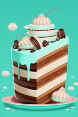 Teal, White, Tan, Brown, Aqua, Mocha, Coffee, Chocolate, Vanilla, Layered Cake with Whipped Cream and Cookies, Cute, 2D, Sweet, Delicious, Retro, Vintage, Graphic, Dripping,