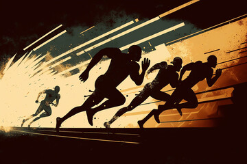 Athletes, Runners, Running a Marathon, 2D, Speed, Green, Gold, Brown, Black, Silhouettes, Dynamic, Laps, Track and Field, 