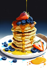 Stack of pancakes, Dripping Maple Syrup, Peanut Butter, Blueberries, Strawberries, Breakfast on a plate, Delicious, Yummy, Sweet, Treat, Comfort Food,