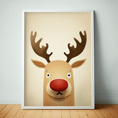 Framed Reindeer Face, Children's Art Sitting on the Floor, Framed Reindeer Art, Reindeer Poster, Red Nose