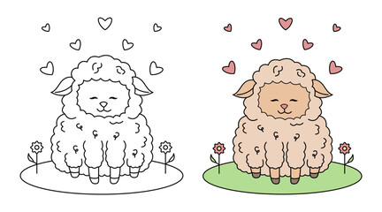Coloring page outline of cartoon cute little sheep with the hearts. Coloring book for kids