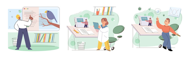 Children at home with phones and tablets set. Kids remote education, toddlers use smart technologies. Kids studying online, surfing social media, playing game, chatting by video call and use internet