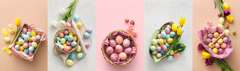 Collage with baskets of colorful Easter eggs, top view