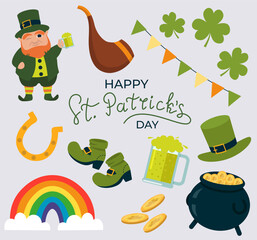 Big Collection Of Design Elements For Irish St Patricks Day Vector Illustration In Flat Style