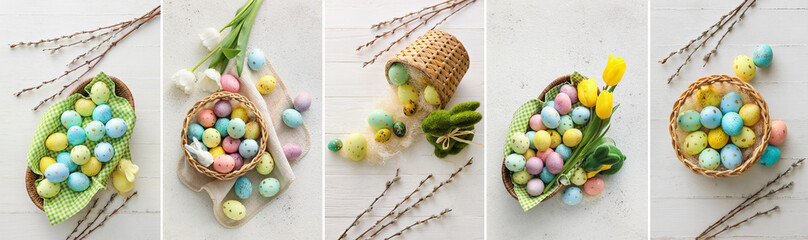 Collage with basket of colorful Easter eggs on light background, top view
