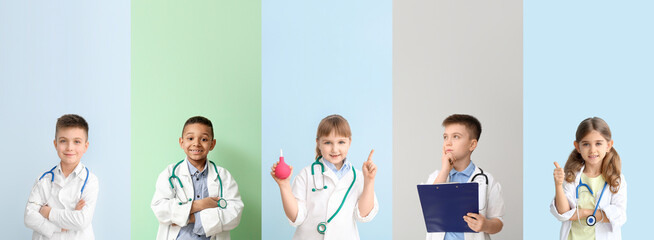 Collage with funny little doctors on colorful background