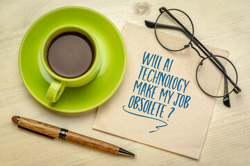 Will AI technology make my job obsolete? Concern and worry about innovations, changes and job security.