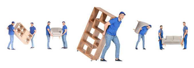 Collage of loaders carrying different furniture against white background