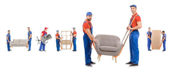 Collage of loaders carrying different furniture against white background