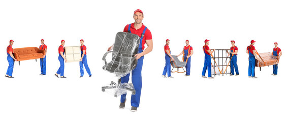 Set of loaders carrying different furniture against white background