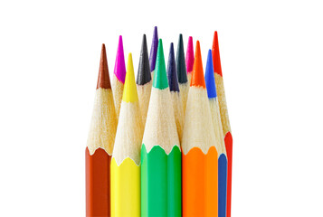 Colored pencils with facets gathered in bundle, sharpened edge isolated on white background with clipping path