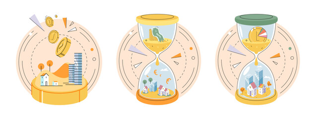 Time and money, deferred payment, financial system of global economy, capital investment, business timer countdown. Hourglass with coins and money turn into planet. World stock exchange vector set