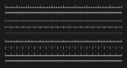 Various measurement scales with divisions. Realistic white scale for measuring length or height in centimeters, millimeters or inches. Ruler, tape measure marks, size indicators. Vector illustration