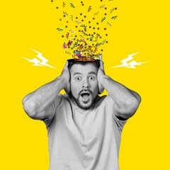 Contemporary collage of man screaming with confetti inside head