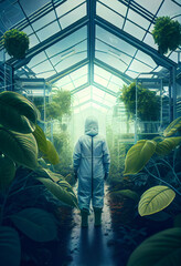 Inside a greenhouse with many plants in it. person working in dangerous goods